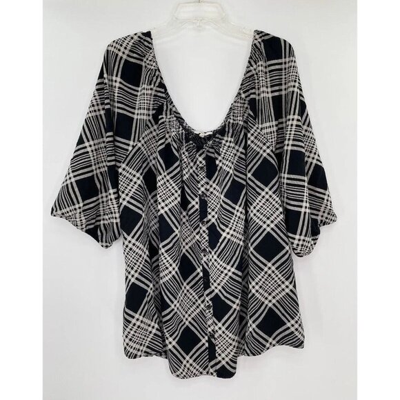 Maurices Plus Size Off Shoulder Plaid Print Blouse Top Boho Peasant Black Size 4 - Picture 1 of 9